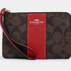 COACH 58035 Signature Brown/Red Corner Zip Around Wristlet Bag NWT